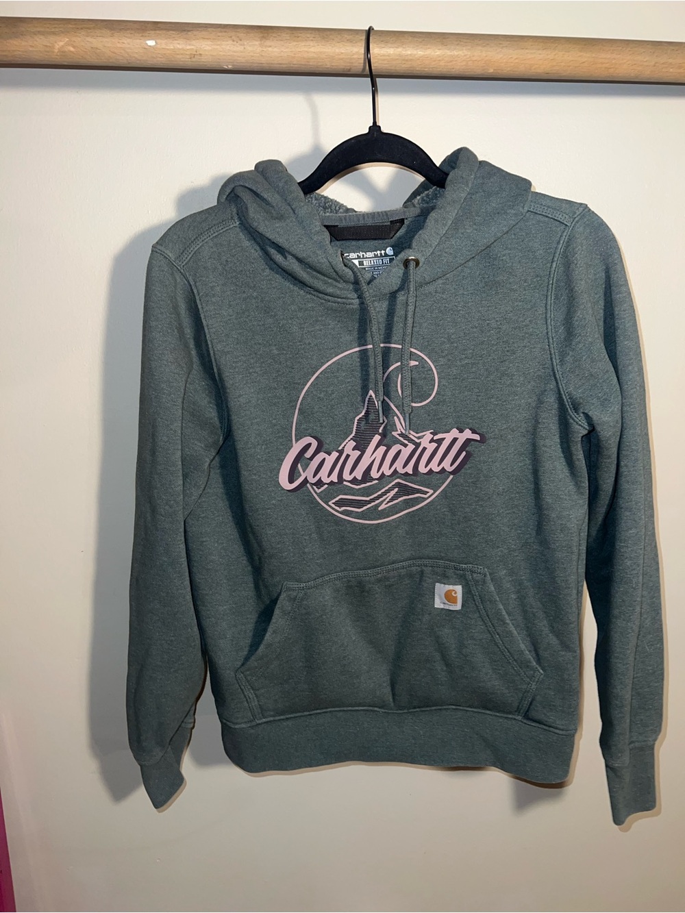 Carhartt Women's Hooded Pullover in Dusty Teal with Pink Graphic